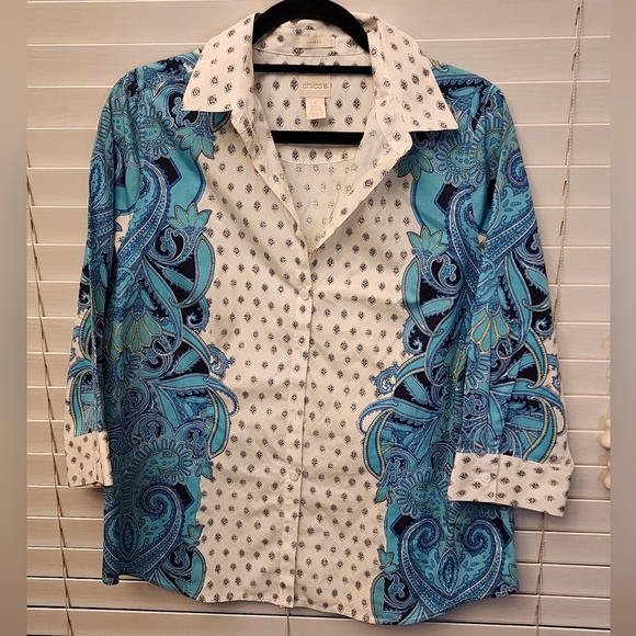 Chico’s multicolor 3/4 sleeve no iron shirt size 1 - Picture 1 of 5